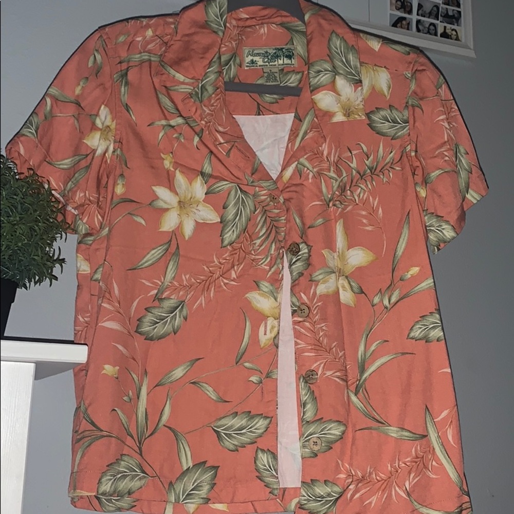 Pastel coral colored Hawaiian button up Shirt